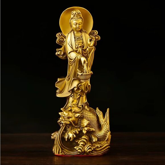 GUAN-YIN Riding a Dragon Fish BUDDHA STATUE Copper 9in Golden Metal Boddhisattva - Picture 10 of 10